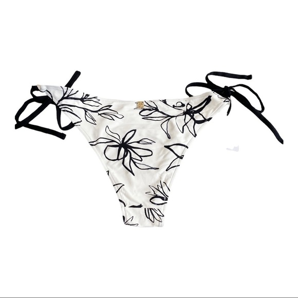 Revel Rey String Bikini Bottom Victoria Black White Floral Adjustable Ties L - Picture 7 of 12